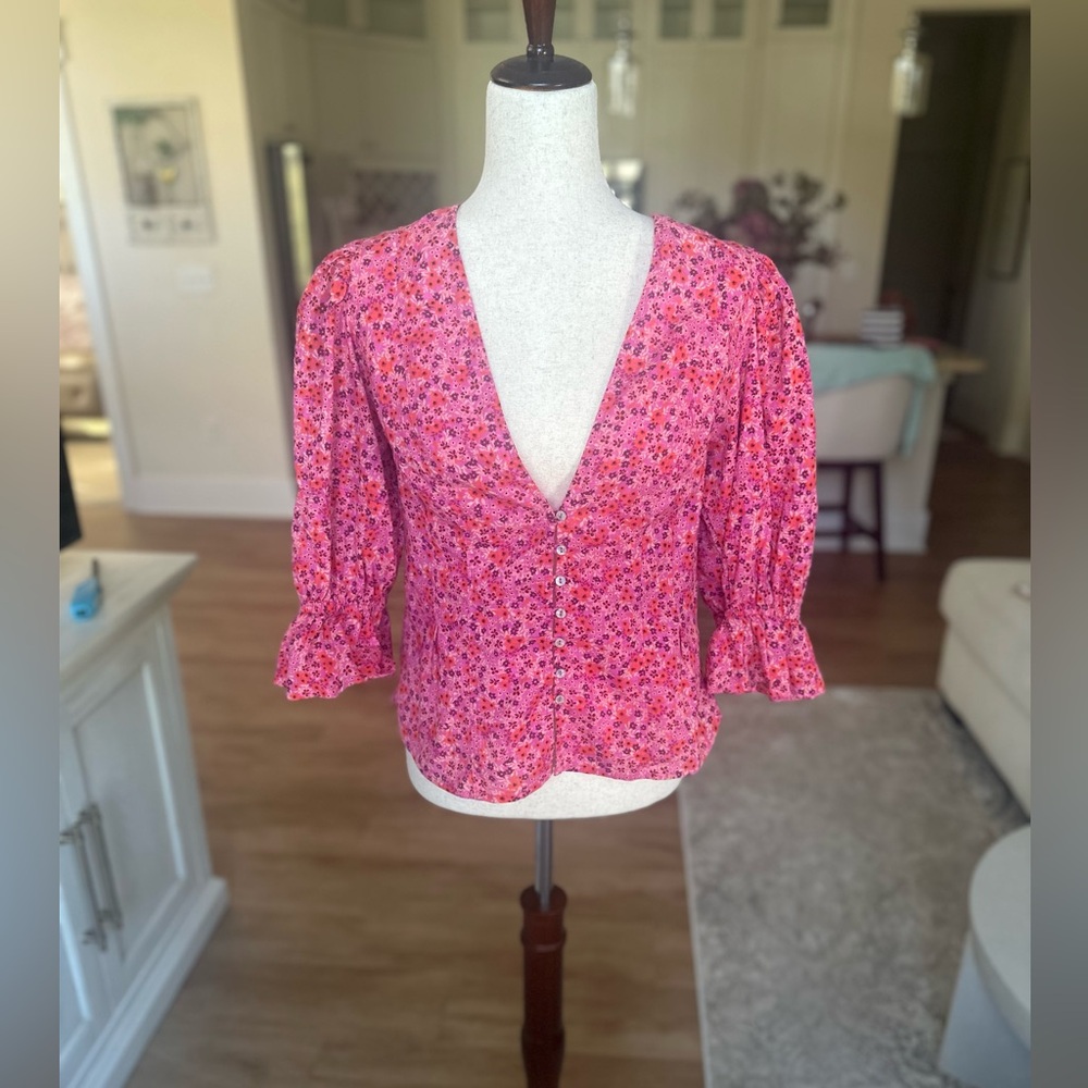 Free People Fuchsia and Orange Floral Top
